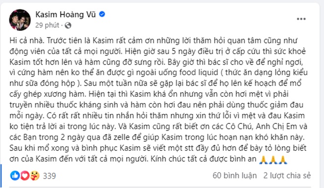 Kasim Hoàng Vũ chính thức nói rõ tình trạng hiện tại sau điều trị cấp cứu, không muốn gặp ai vì bệnh tật- Ảnh 2.