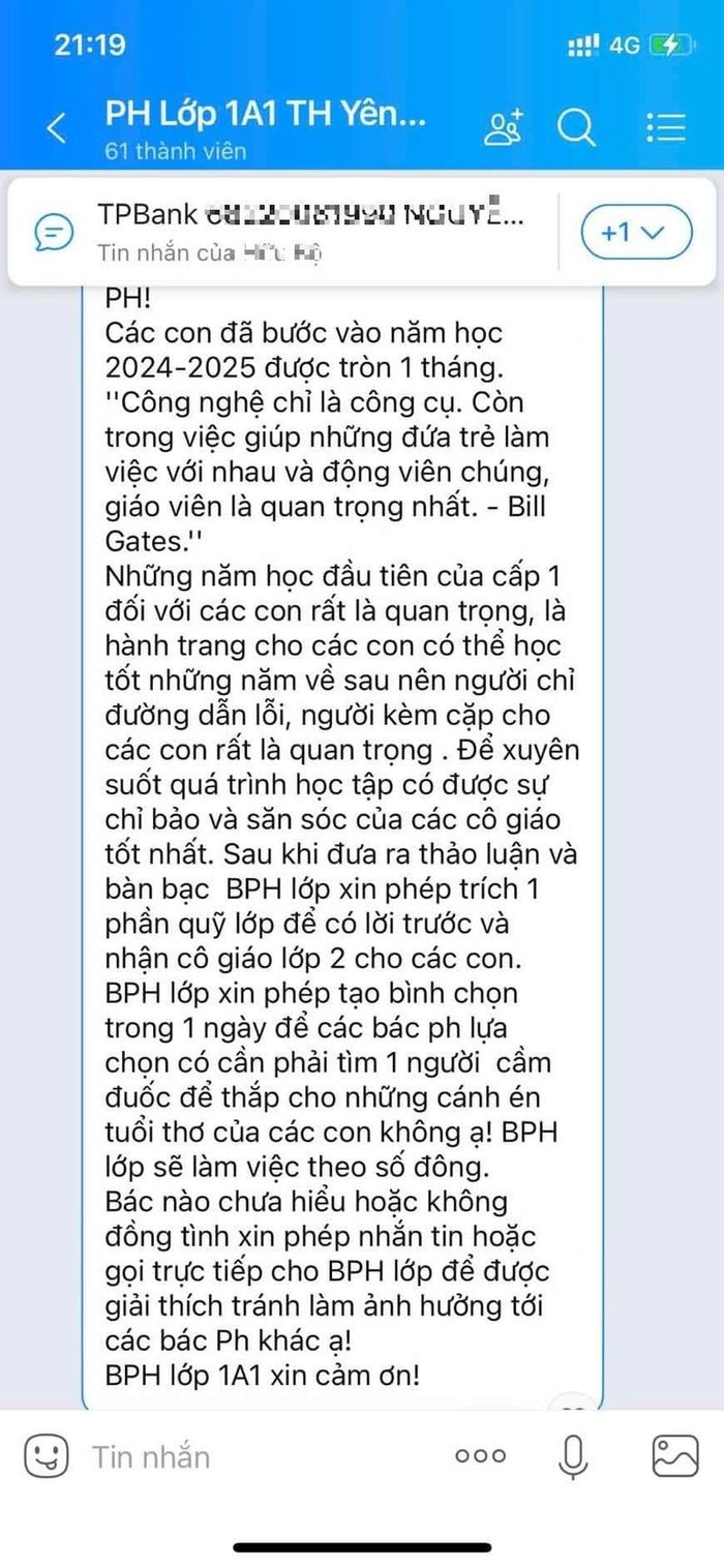 Tin nhắn gây bất ngờ cho phụ huynh về việc chọn cô giáo lớp 2. Ảnh: CMH