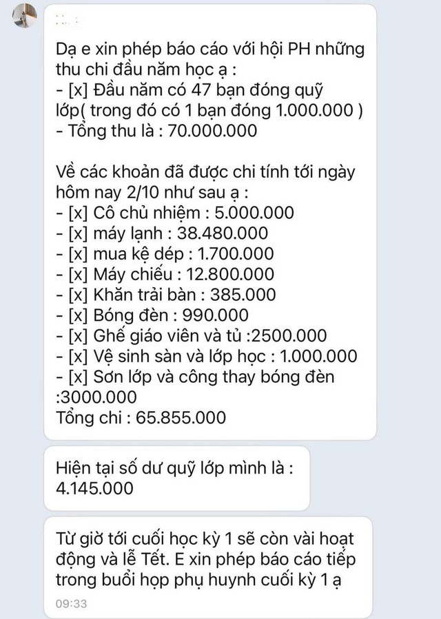 Một lớp ở TP.HCM thu quỹ 70 triệu đồng, sau 1 tháng đã chi hết gần 66 triệu đồng, hiệu trưởng nói gì? - Ảnh 1.