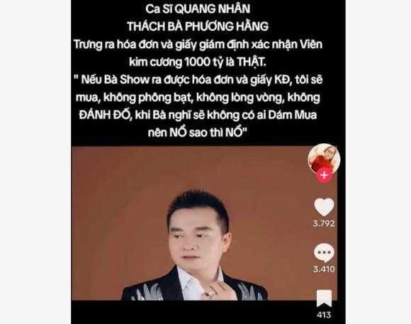 Phương Hằng, ca sĩ Quang Nhân, nhẫn kim cương 1000 tỷ phương hằng